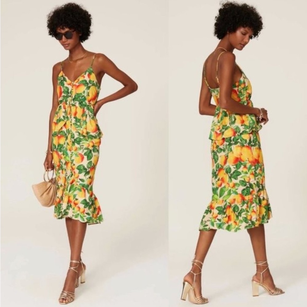 Farm Rio Orange Sands Yellow and Green Peplum Hem Fruit Novelty Dress